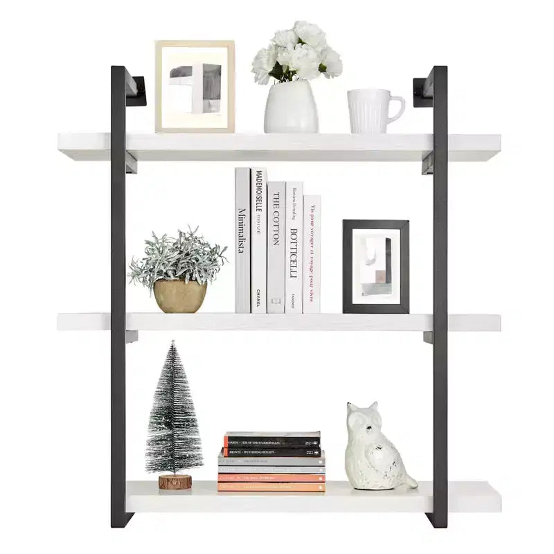 Scaffale da Parete a 3 Ripiani Bianco e Nero, Design Aperto Sospeso, Utente Singolo