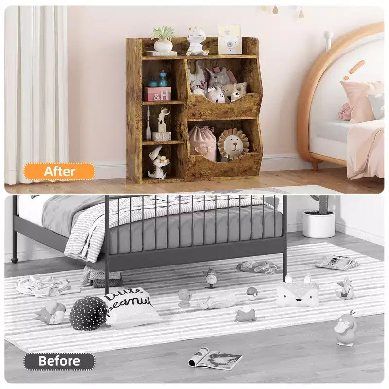 Organizzatore giocattoli per bambini a 2 livelli, Grigio/Retrò/Bianco, 3 ripiani aperti e 2 contenitori inclinabili