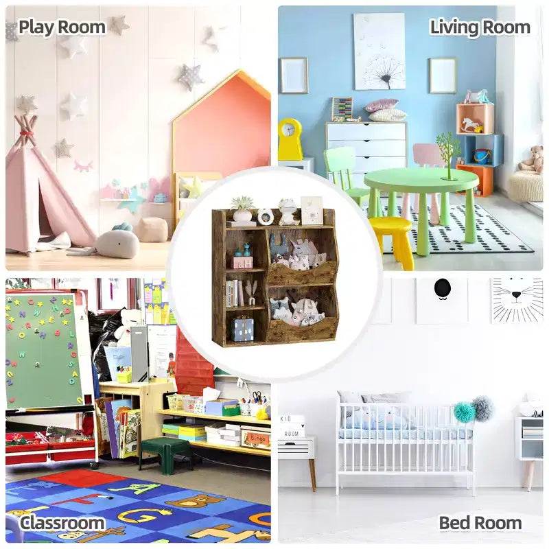 Organizzatore giocattoli per bambini a 2 livelli, Grigio/Retrò/Bianco, 3 ripiani aperti e 2 contenitori inclinabili