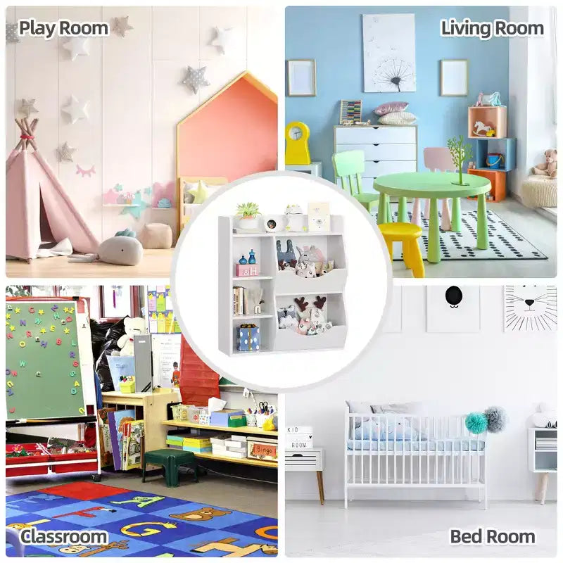 Organizzatore giocattoli per bambini a 2 livelli, Grigio/Retrò/Bianco, 3 ripiani aperti e 2 contenitori inclinabili