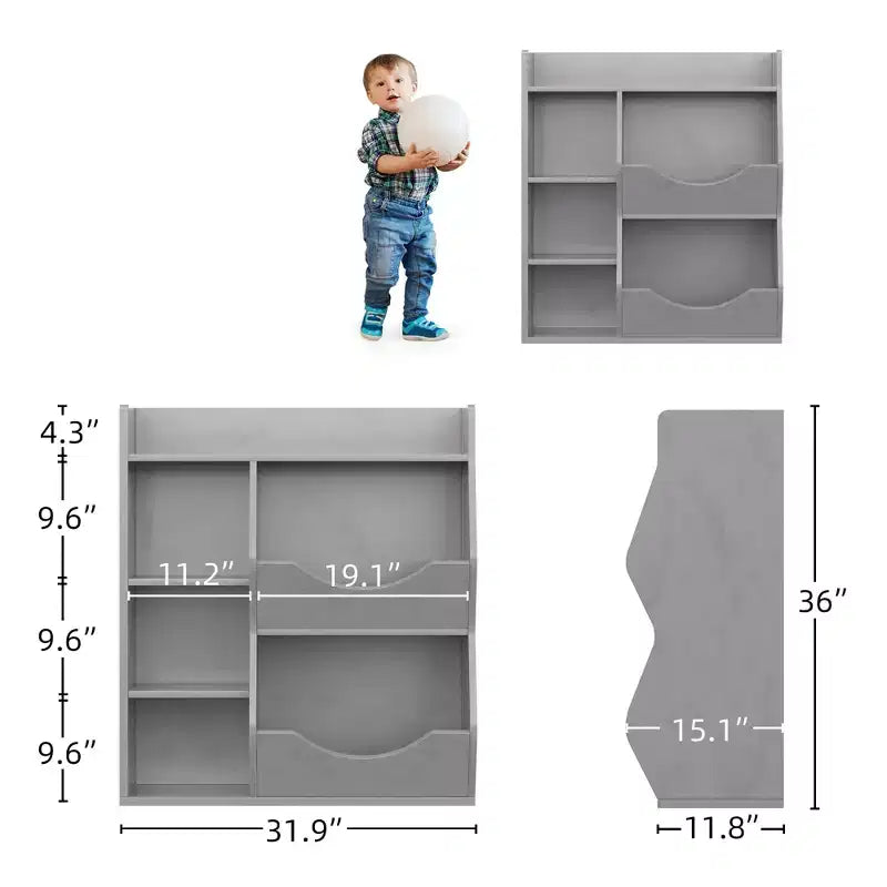 Organizzatore giocattoli per bambini a 2 livelli, Grigio/Retrò/Bianco, 3 ripiani aperti e 2 contenitori inclinabili