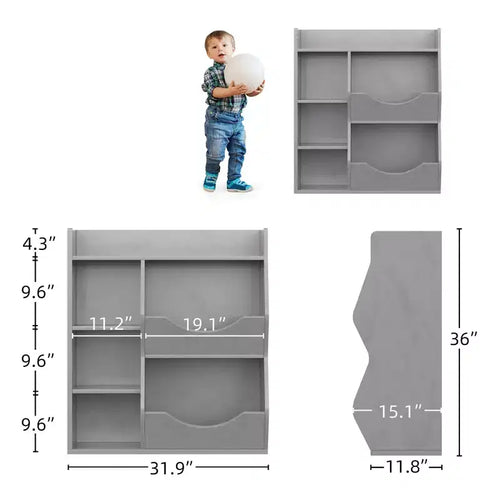 Organizzatore giocattoli per bambini a 2 livelli, Grigio/Retrò/Bianco, 3 ripiani aperti e 2 contenitori inclinabili