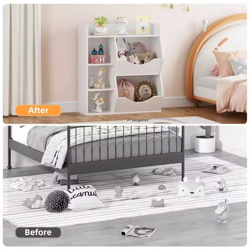 Organizzatore giocattoli per bambini a 2 livelli, Grigio/Retrò/Bianco, 3 ripiani aperti e 2 contenitori inclinabili