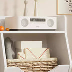 Organizzatore giocattoli per bambini a 2 livelli, Grigio/Retrò/Bianco, 3 ripiani aperti e 2 contenitori inclinabili