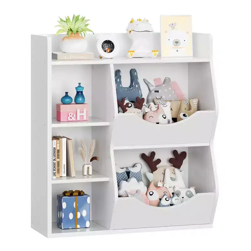 Organizzatore giocattoli per bambini a 2 livelli, Grigio/Retrò/Bianco, 3 ripiani aperti e 2 contenitori inclinabili