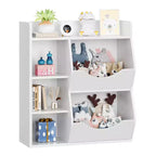 Organizzatore giocattoli per bambini a 2 livelli, Grigio/Retrò/Bianco, 3 ripiani aperti e 2 contenitori inclinabili