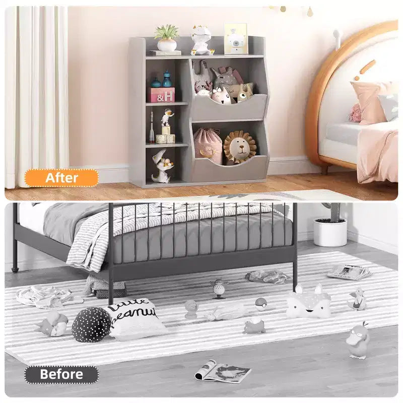 Organizzatore giocattoli per bambini a 2 livelli, Grigio/Retrò/Bianco, 3 ripiani aperti e 2 contenitori inclinabili