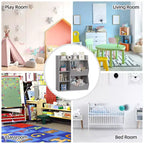Organizzatore giocattoli per bambini a 2 livelli, Grigio/Retrò/Bianco, 3 ripiani aperti e 2 contenitori inclinabili