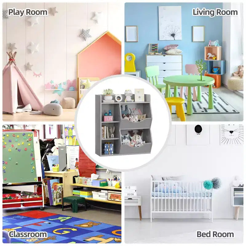 Organizzatore giocattoli per bambini a 2 livelli, Grigio/Retrò/Bianco, 3 ripiani aperti e 2 contenitori inclinabili