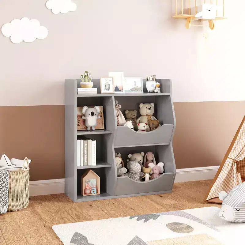 2-Tier Toy Storage Organizer, Bookshelf for Toys, Books, 3 Open Compartments & 2 Tilting Storage Boxes for Living Room, Kindergarten