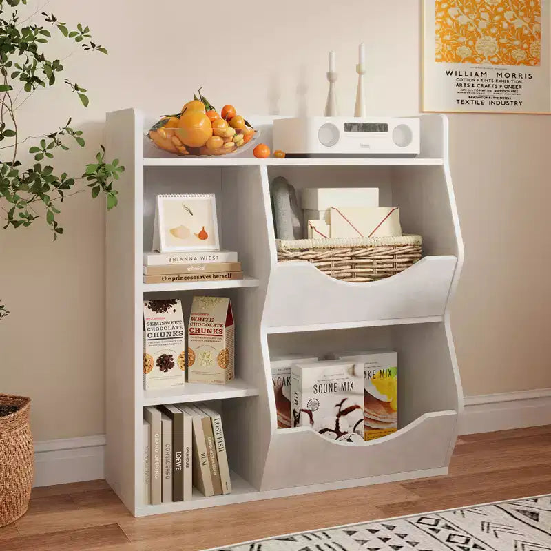 Organizzatore giocattoli per bambini a 2 livelli, Grigio/Retrò/Bianco, 3 ripiani aperti e 2 contenitori inclinabili