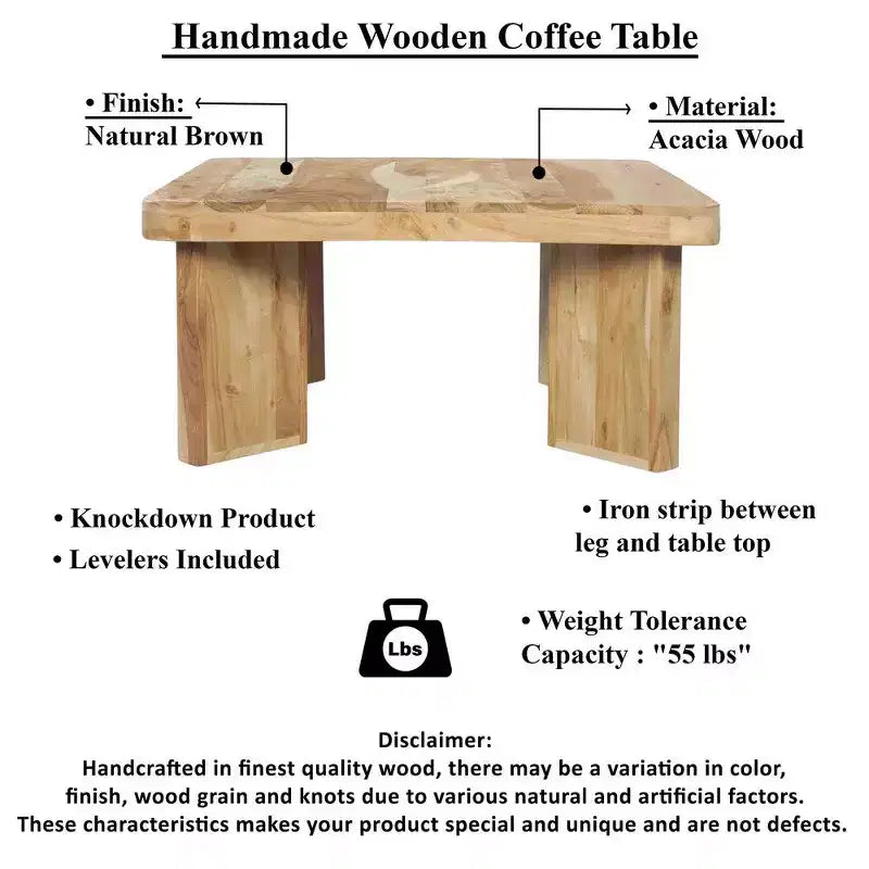 Tavolino da Caffè Quadrato in Legno di Acacia Marrone, a 4 Gambe, Pezzo Unico, 32 Pollici