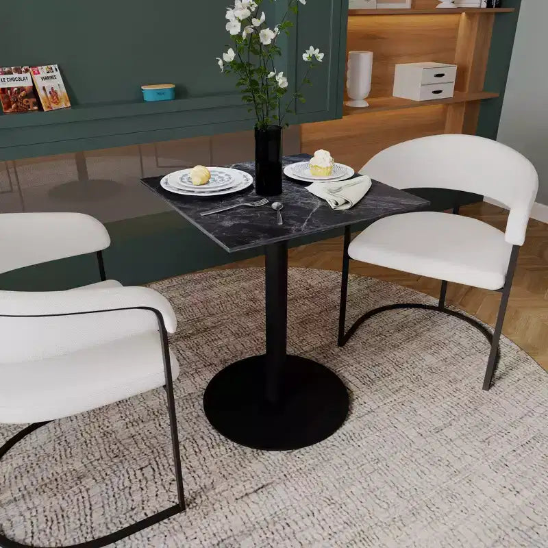 Tavolo da pranzo quadrato nero, piano in MDF e base a piedistallo in acciaio, 2-3 posti a sedere