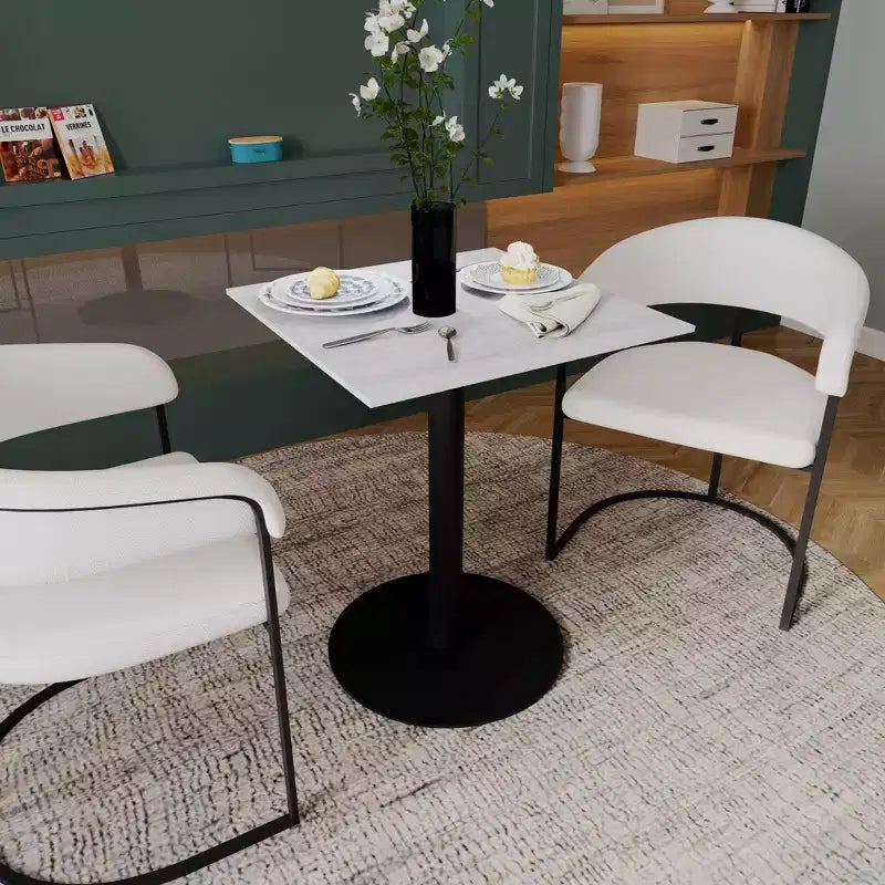 Tavolo da pranzo quadrato nero, piano in MDF e base a piedistallo in acciaio, 2-3 posti a sedere