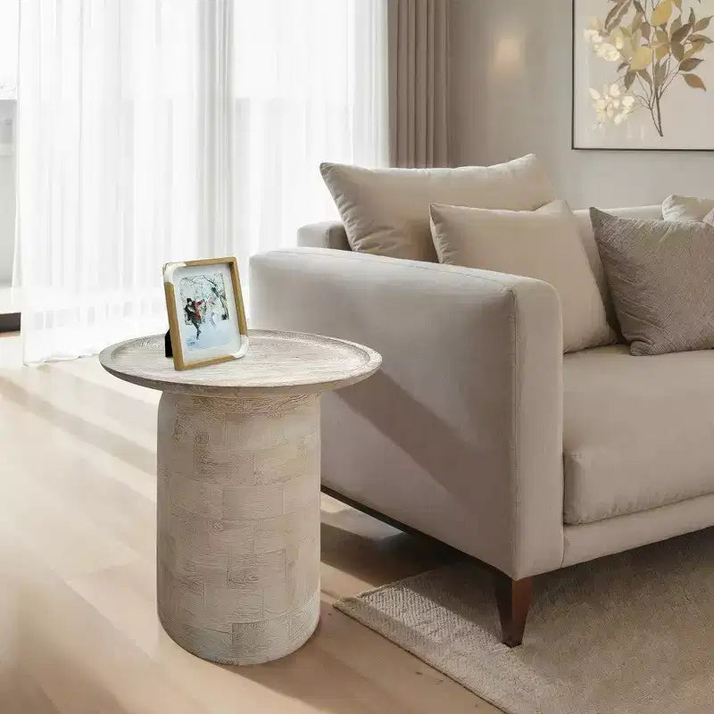 Royal Hampton Side End Table, Sandblasted Distressed Mango Wood, 17 Inch Round Top