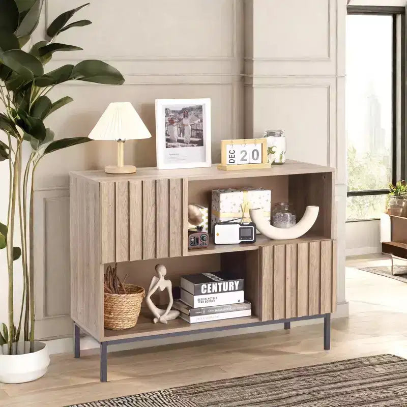 Madia Marrone a 2 Ante in Legno con Mensole a Giorno, Stile Rustico Moderno