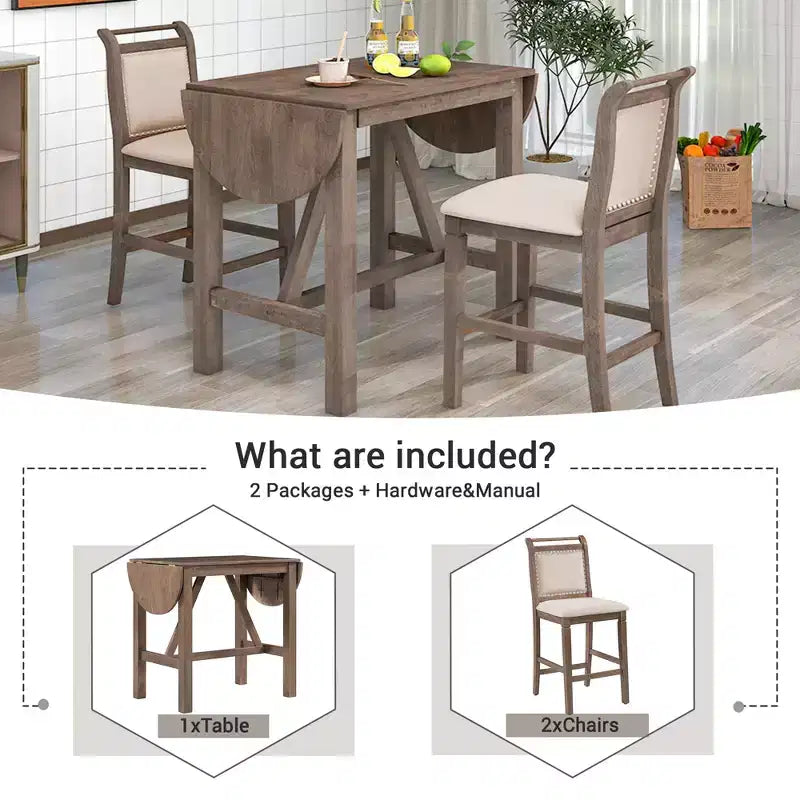 Set da pranzo da 3 pezzi con ante a ribalta, 2 posti, marrone/bianco