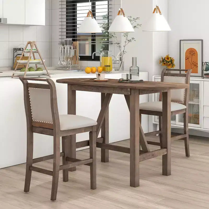 Clihome 3-Piece Drop Leaf Dining Table Set,Extendable Half-Round Design with Farmhouse Chairs,for Small Space, Rustic Style