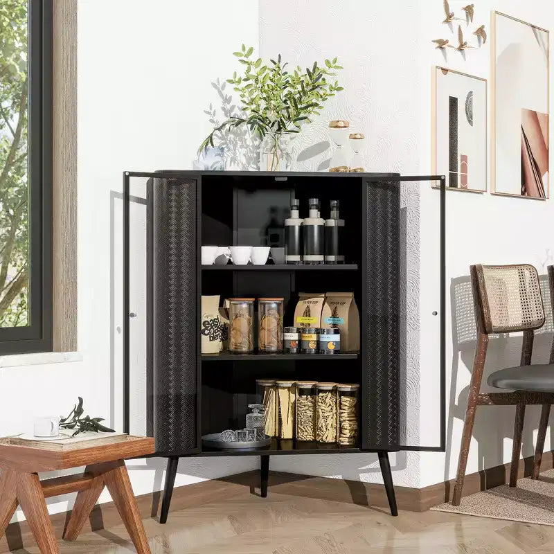 GDFStudio Mia 31.49'' Modern 3-Tier Corner Storage Cabinet with Tempered Glass Doors