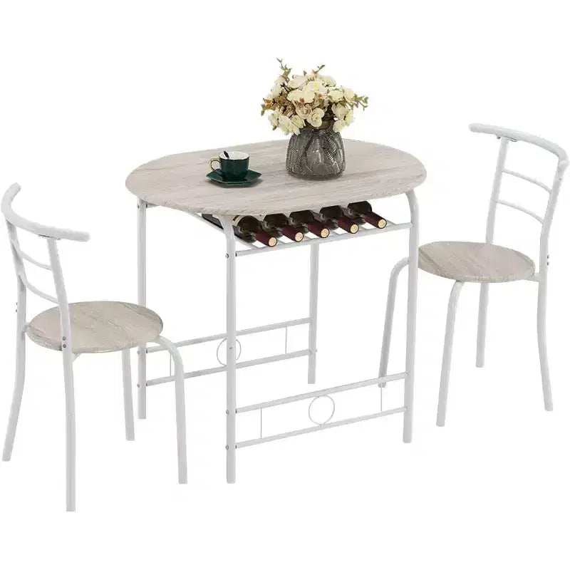 VINGLI 3 Piece Dining Set for 2,Kitchen Wooden Table and 2 Chairs for Small Space,Metal Frame,Wine Rack,White&Light Oak