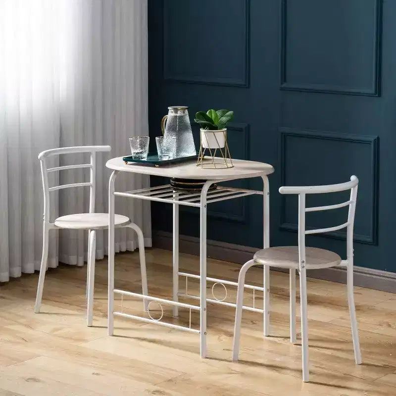 Set da pranzo 3 pezzi per 2 in bianco e rovere chiaro – Tavolo ovale con struttura in metallo e portabottiglie
