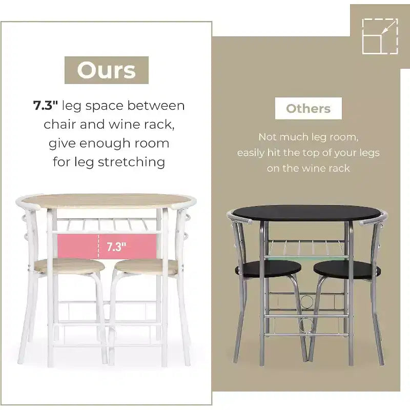 Set da pranzo 3 pezzi per 2 in bianco e rovere chiaro – Tavolo ovale con struttura in metallo e portabottiglie