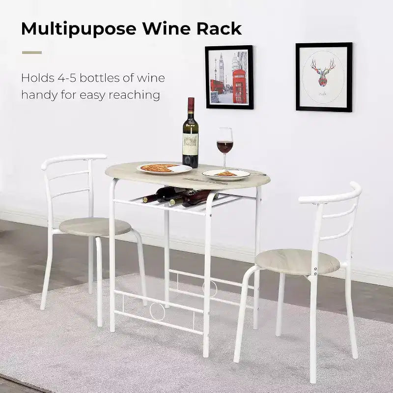 Set da pranzo 3 pezzi per 2 in bianco e rovere chiaro – Tavolo ovale con struttura in metallo e portabottiglie