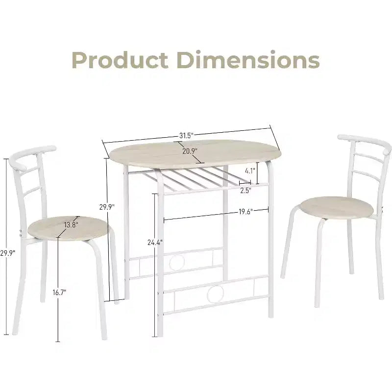 Set da pranzo 3 pezzi per 2 in bianco e rovere chiaro – Tavolo ovale con struttura in metallo e portabottiglie