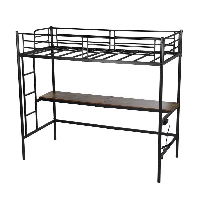 FurnitureR Loft Bed with Desk, Twin Size Metal Loft Bed Frame with Workstation & Ladder, High Loft Bunk Bed with Guardrails, Industrial Black/Brown