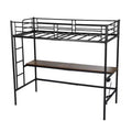 FurnitureR Loft Bed with Desk, Twin Size Metal Loft Bed Frame with Workstation & Ladder, High Loft Bunk Bed with Guardrails, Industrial Black/Brown