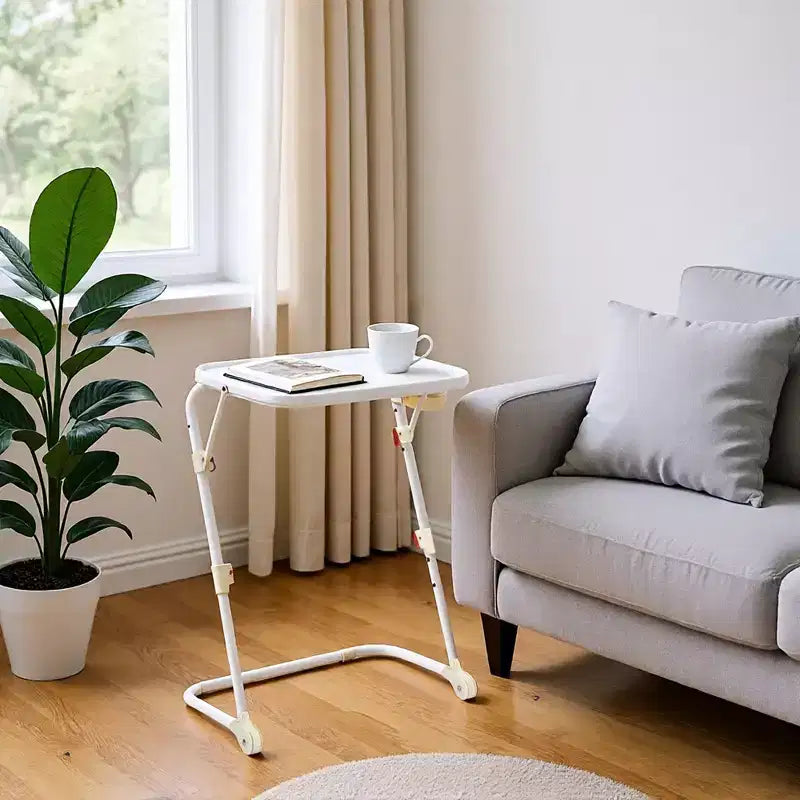 FurnitureR Folding Side Table, Multi - functional Collapsible Table with Adjustable Design, Space - Saving for Living Room, White