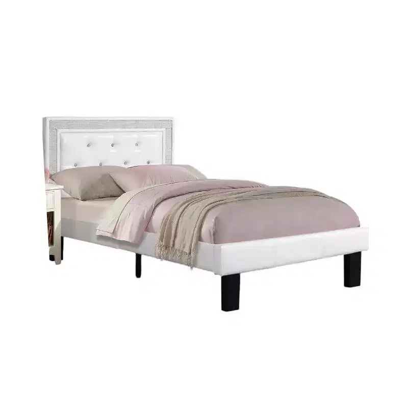 Royal Hampton Twin Bed with Silver Trim, White Button Tufted Faux-Leather