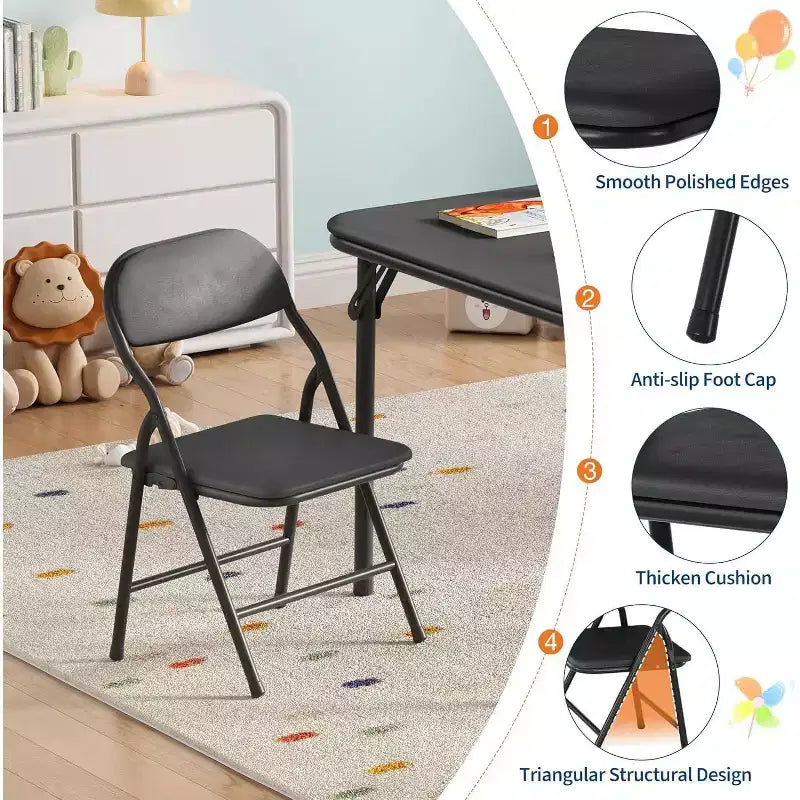 Set Tavolo Pieghevole per Bambini e 2 Sedie Beige / Nero / Grigio – Cuscino in PU, per 2+ Anni