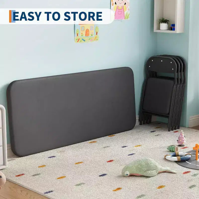 Set Tavolo Pieghevole per Bambini e 2 Sedie Beige / Nero / Grigio – Cuscino in PU, per 2+ Anni
