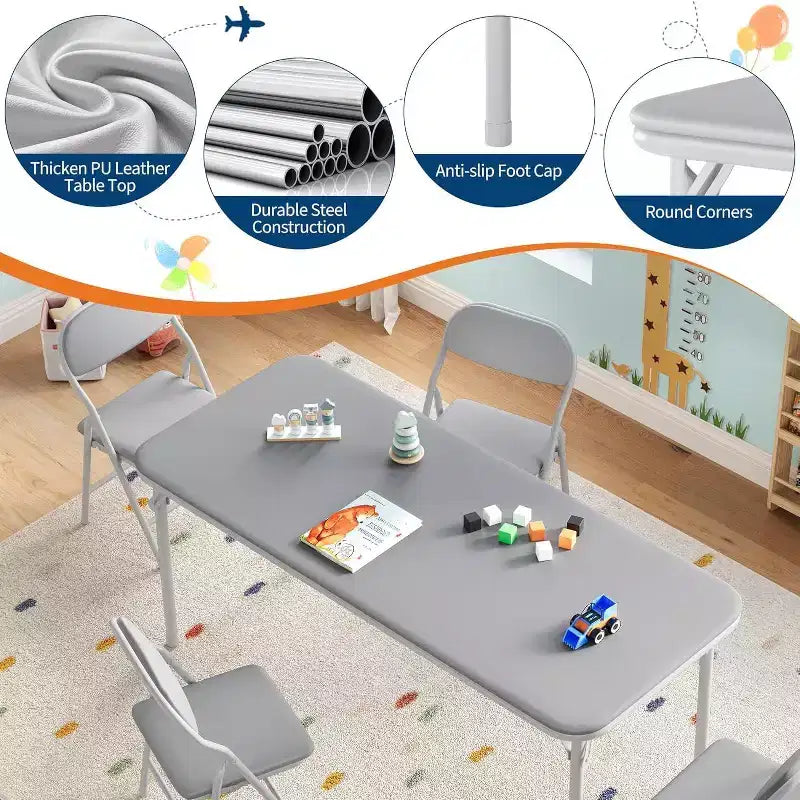 Set Tavolo Pieghevole per Bambini e 2 Sedie Beige / Nero / Grigio – Cuscino in PU, per 2+ Anni