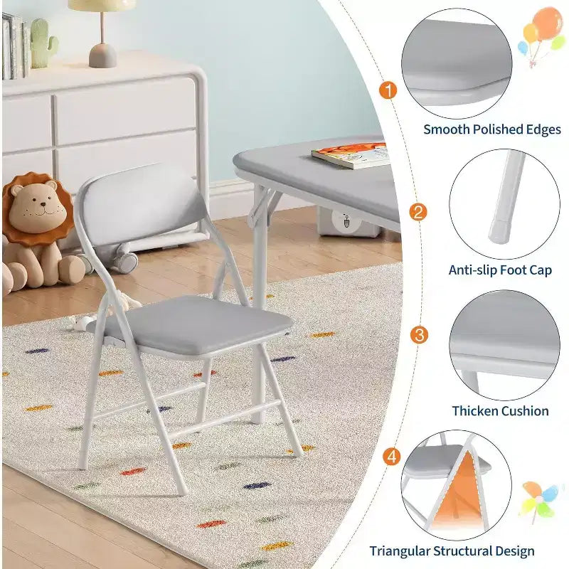 Set Tavolo Pieghevole per Bambini e 2 Sedie Beige / Nero / Grigio – Cuscino in PU, per 2+ Anni