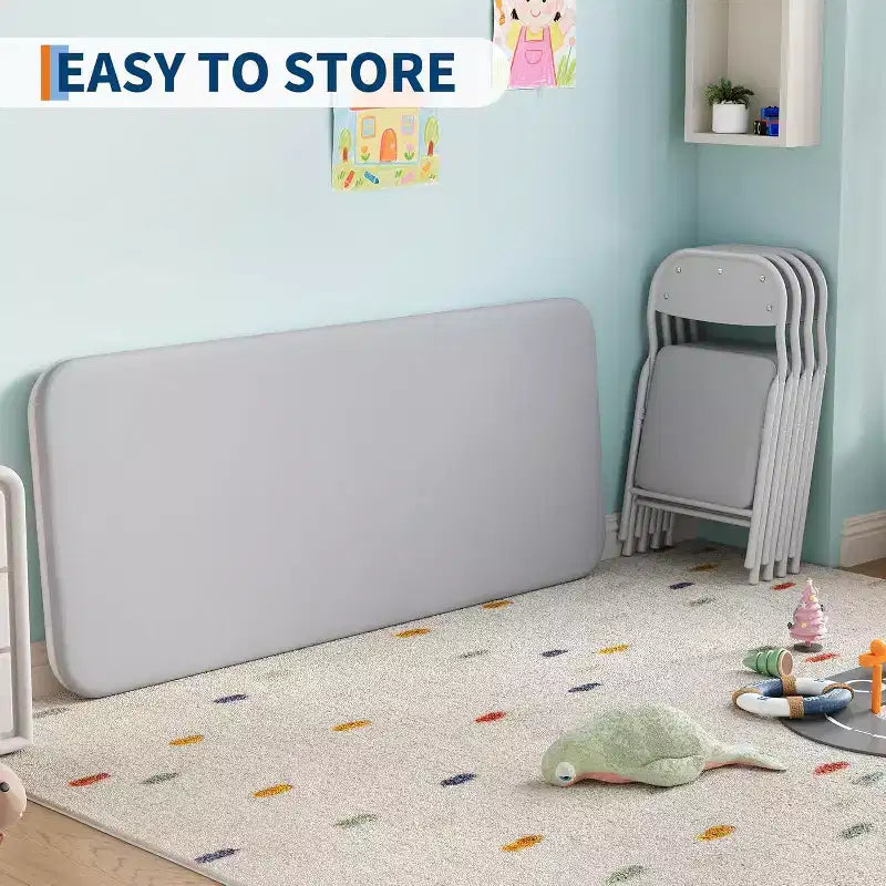 Set Tavolo Pieghevole per Bambini e 2 Sedie Beige / Nero / Grigio – Cuscino in PU, per 2+ Anni
