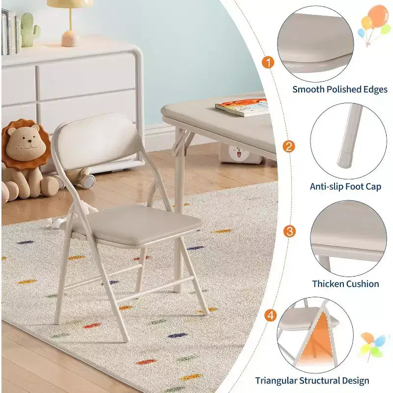 Set Tavolo Pieghevole per Bambini e 2 Sedie Beige / Nero / Grigio – Cuscino in PU, per 2+ Anni