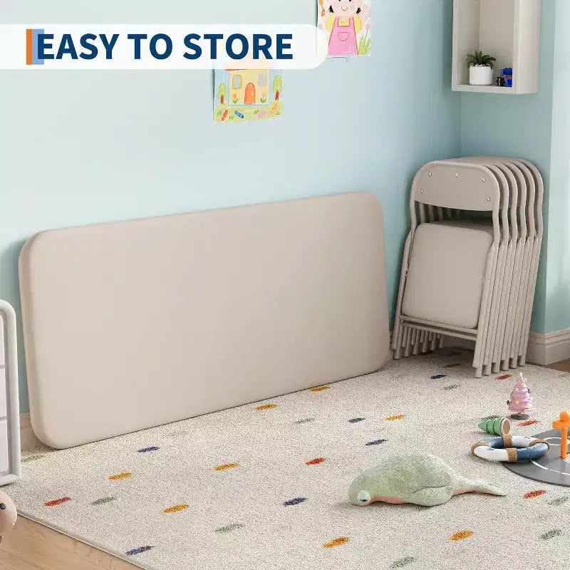 Set Tavolo Pieghevole per Bambini e 2 Sedie Beige / Nero / Grigio – Cuscino in PU, per 2+ Anni