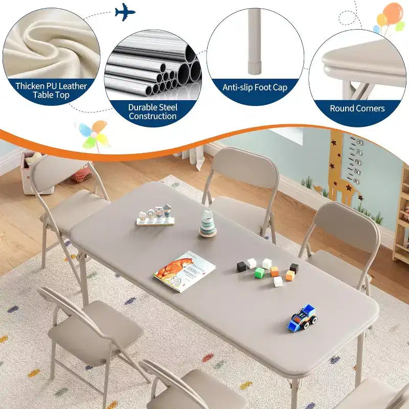 Set Tavolo Pieghevole per Bambini e 2 Sedie Beige / Nero / Grigio – Cuscino in PU, per 2+ Anni