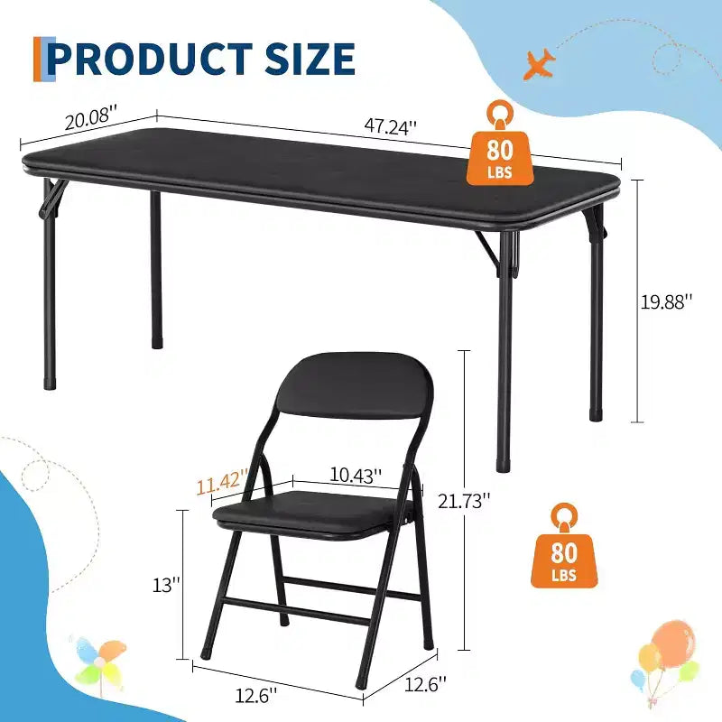 Set Tavolo Pieghevole per Bambini e 2 Sedie Beige / Nero / Grigio – Cuscino in PU, per 2+ Anni