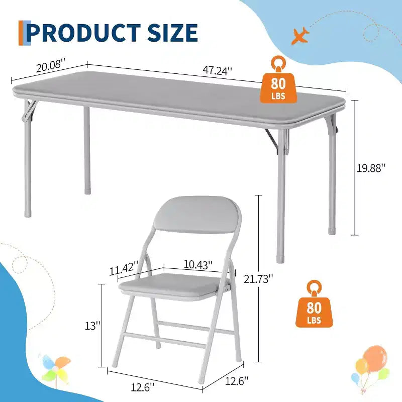 Set Tavolo Pieghevole per Bambini e 2 Sedie Beige / Nero / Grigio – Cuscino in PU, per 2+ Anni