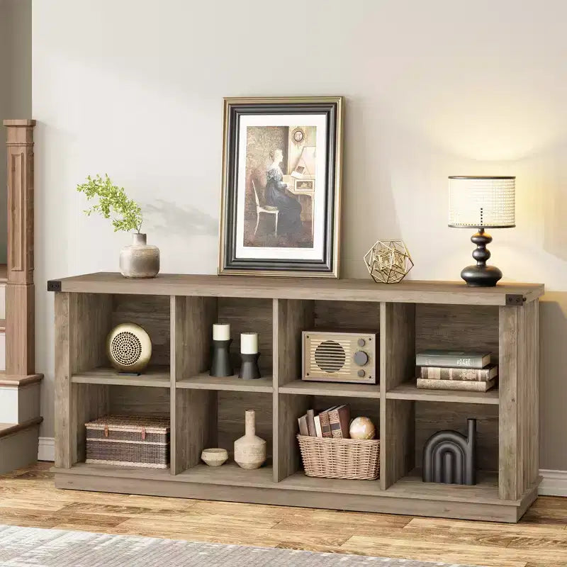 Libreria con 8 Cubi Contenitori in Legno Naturale, 2 Livelli, Stile Rustico