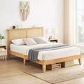 COZONY Bohemian Rattan King Bed Frame with LED Lights, Natural Rattan Headboard, Solid Wood Platform with Silent Slats, No Box Spring Needed