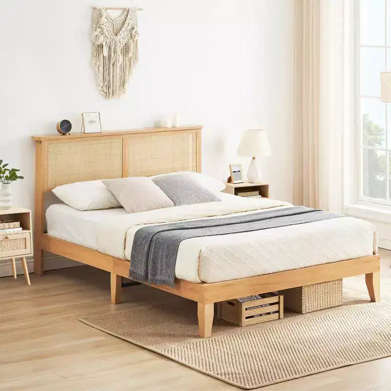 COZONY Bohemian Rattan King Bed Frame with LED Lights, Natural Rattan Headboard, Solid Wood Platform with Silent Slats, No Box Spring Needed