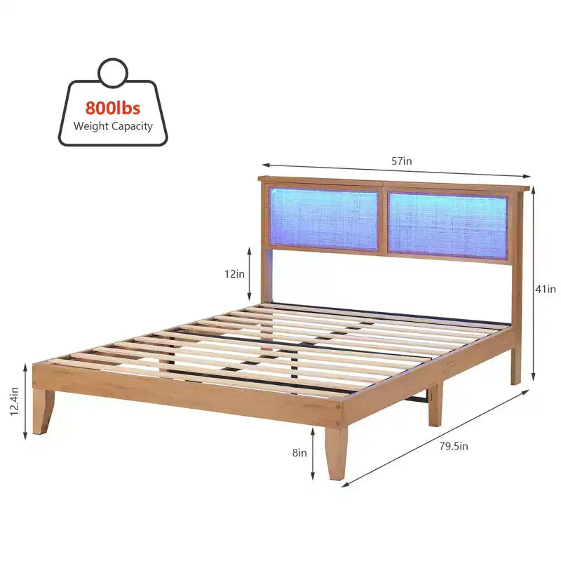 Struttura letto a piattaforma in rattan bohémien marrone naturale con testiera a LED – Matrimoniale/Queen/King, 1-2 persone