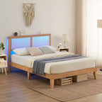 Struttura letto a piattaforma in rattan bohémien marrone naturale con testiera a LED – Matrimoniale/Queen/King, 1-2 persone