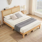 Struttura letto a piattaforma in rattan bohémien marrone naturale con testiera a LED – Matrimoniale/Queen/King, 1-2 persone