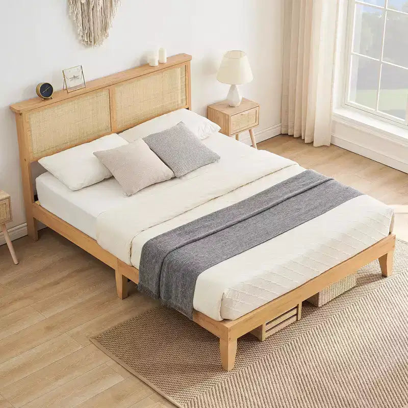 Struttura letto a piattaforma in rattan bohémien marrone naturale con testiera a LED – Matrimoniale/Queen/King, 1-2 persone