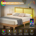 Struttura letto a piattaforma in rattan bohémien marrone naturale con testiera a LED – Matrimoniale/Queen/King, 1-2 persone